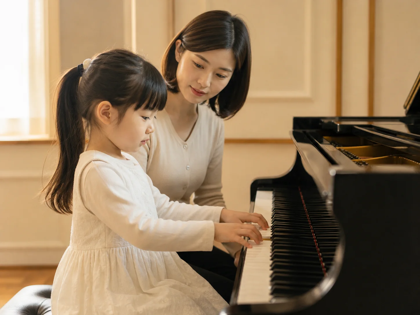 幼儿与教师在钢琴前探索音乐的主题画面